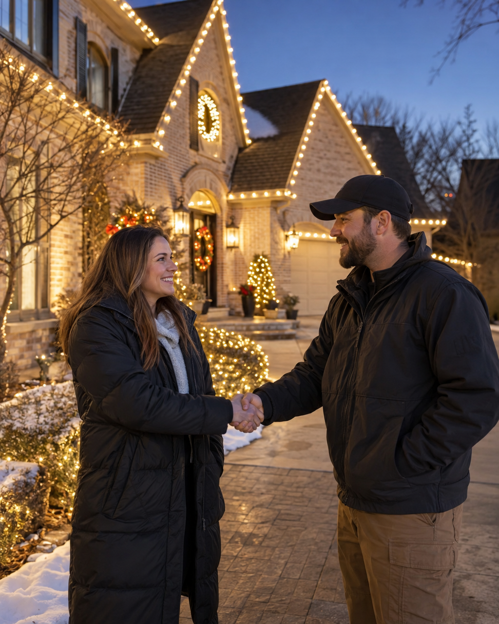 Illustration of a homeowner enjoying holiday lighting at their home