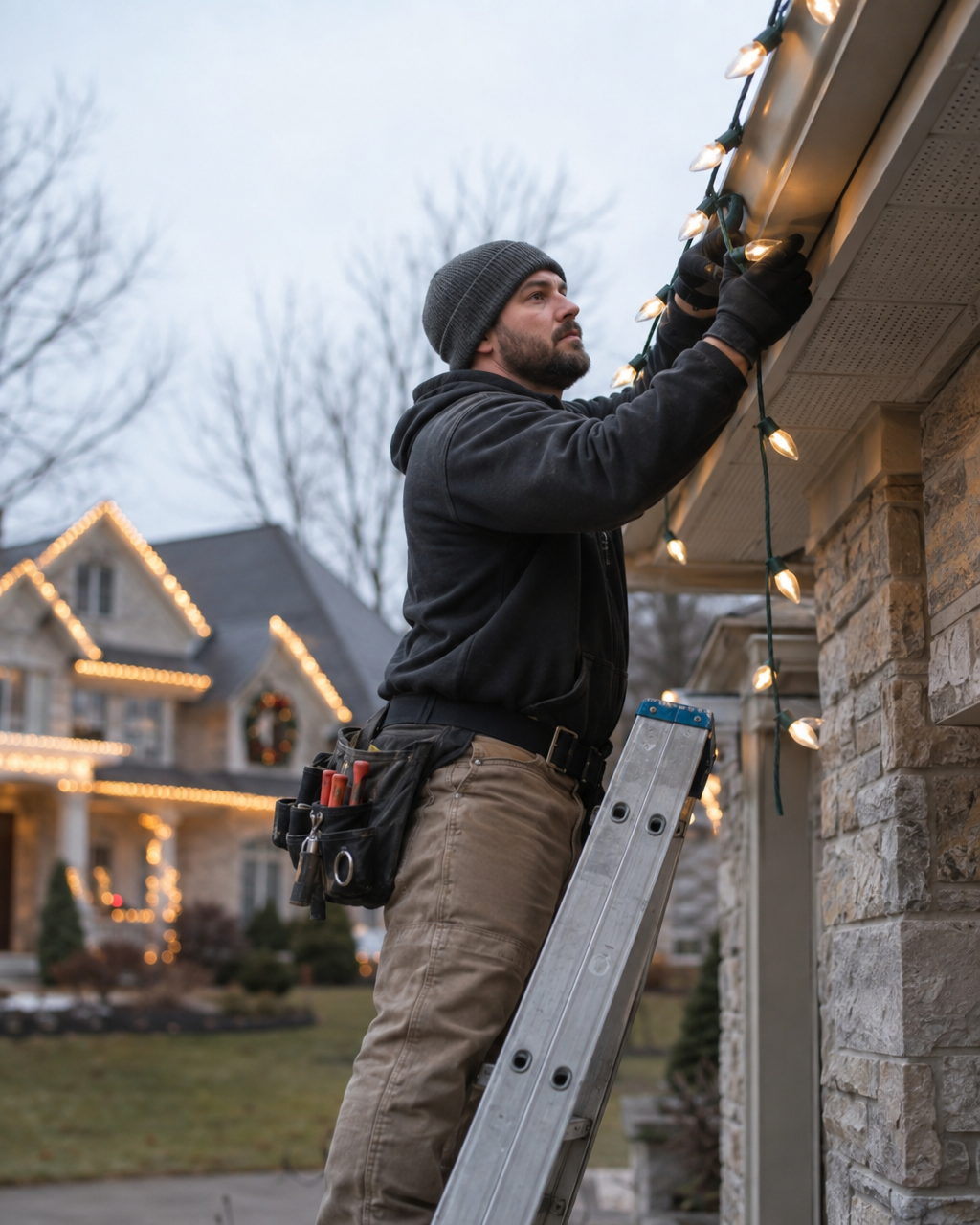 Illustration of a professional holiday lighting installation in progress